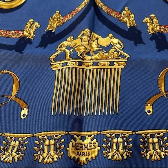 Authentic Hermes Blue Les Cavaliers D’or Gold Silk Square Scarf with Box - Picture 6 of 15